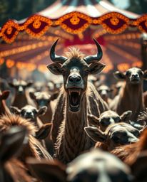 Experience the thrilling chaos of a carnival overtaken by wild animals, captured in stunning detail with a sharply focused su