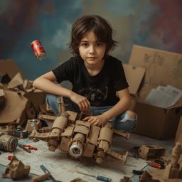 Exquisite high-fashion photography captures a young boy with messy brown hair building a functional cardboard spaceship.  The