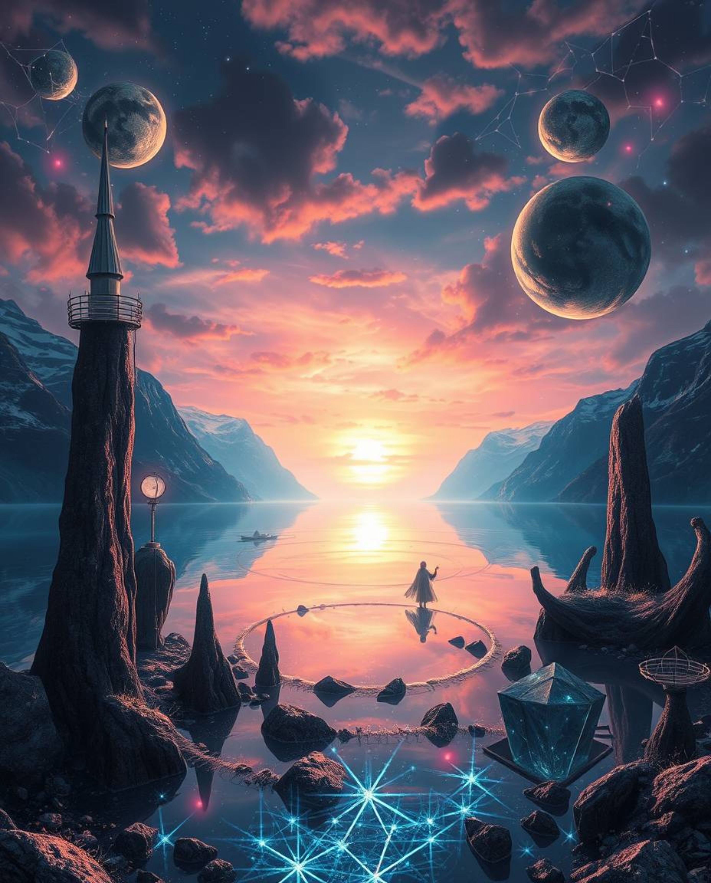 A dreamlike and surreal depiction of a glassy fjord reflecting a sunset. This captivating image is filled with ethereal light
