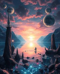 A dreamlike and surreal depiction of a glassy fjord reflecting a sunset. This captivating image is filled with ethereal light