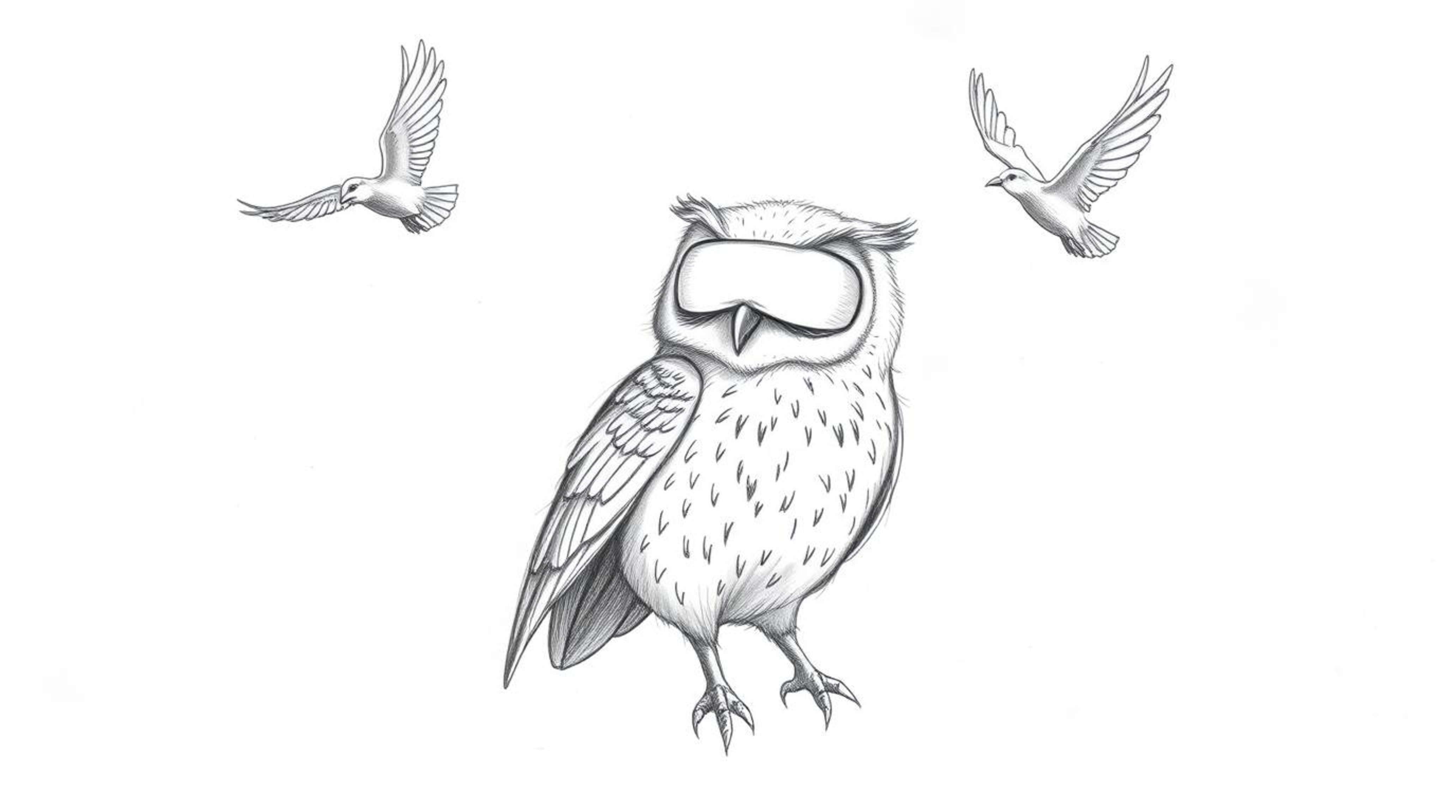 A textured pencil sketch depicts a heartwarming scene of a blind owl patiently teaching birds how to fly.  Inspired by Pixar'