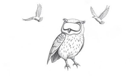 A textured pencil sketch depicts a heartwarming scene of a blind owl patiently teaching birds how to fly.  Inspired by Pixar'