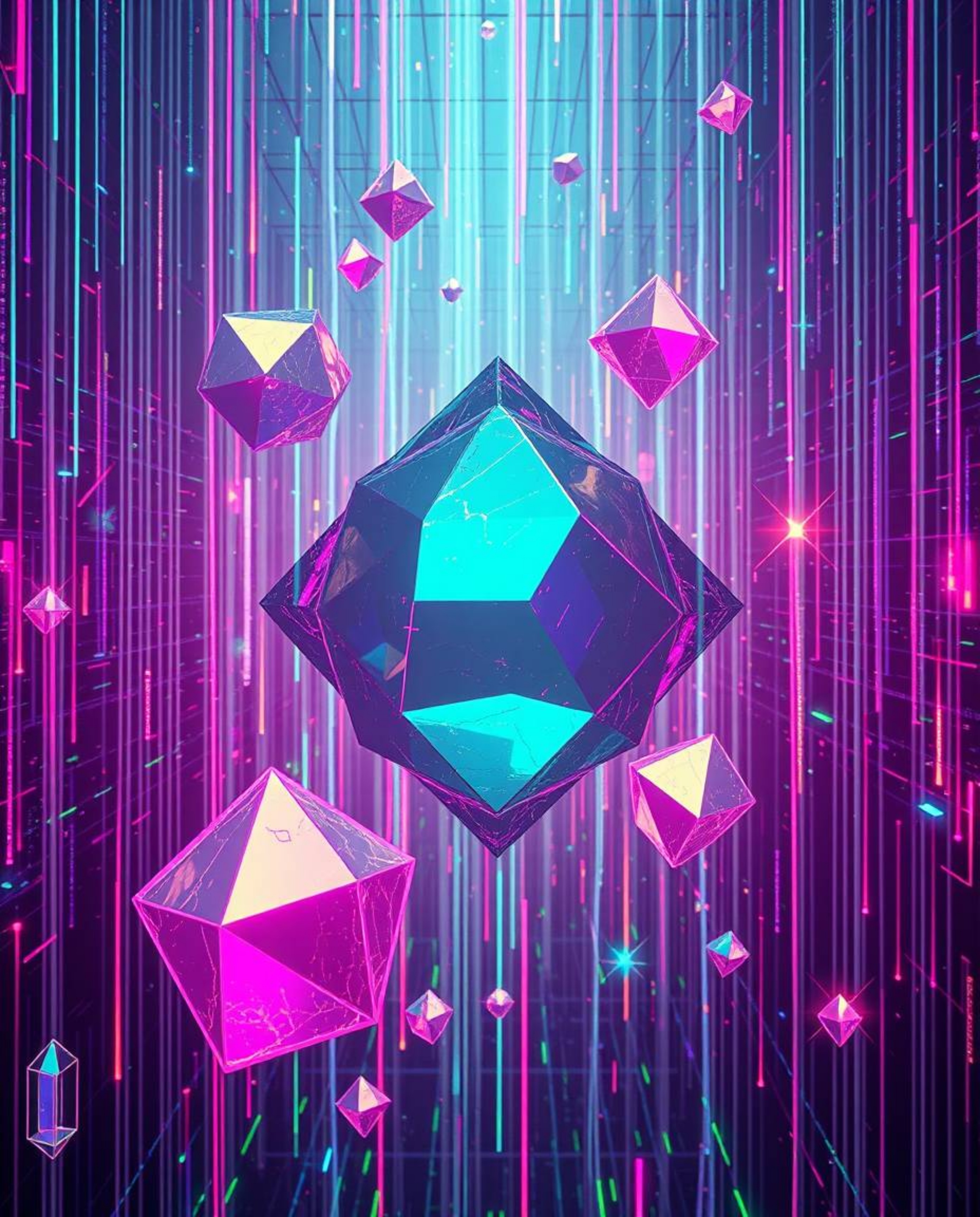 Experience the mesmerizing visuals of iridescent colors shimmering across glitched geometric shapes floating within a vibrant