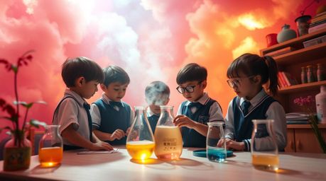Experience a dreamlike atmosphere filled with vibrant complimentary colors and gentle contrasts.  A group of quirky children 