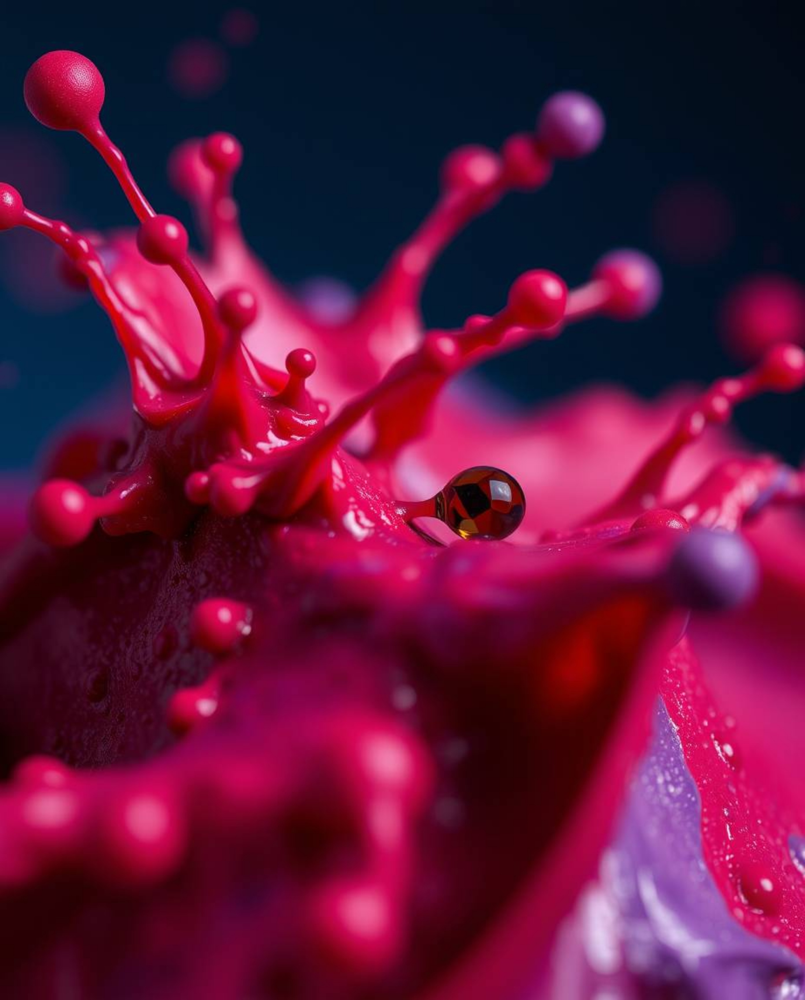 Explore the captivating world of extreme macro photography featuring rich burgundy and deep blue tones in a colorful paint sp