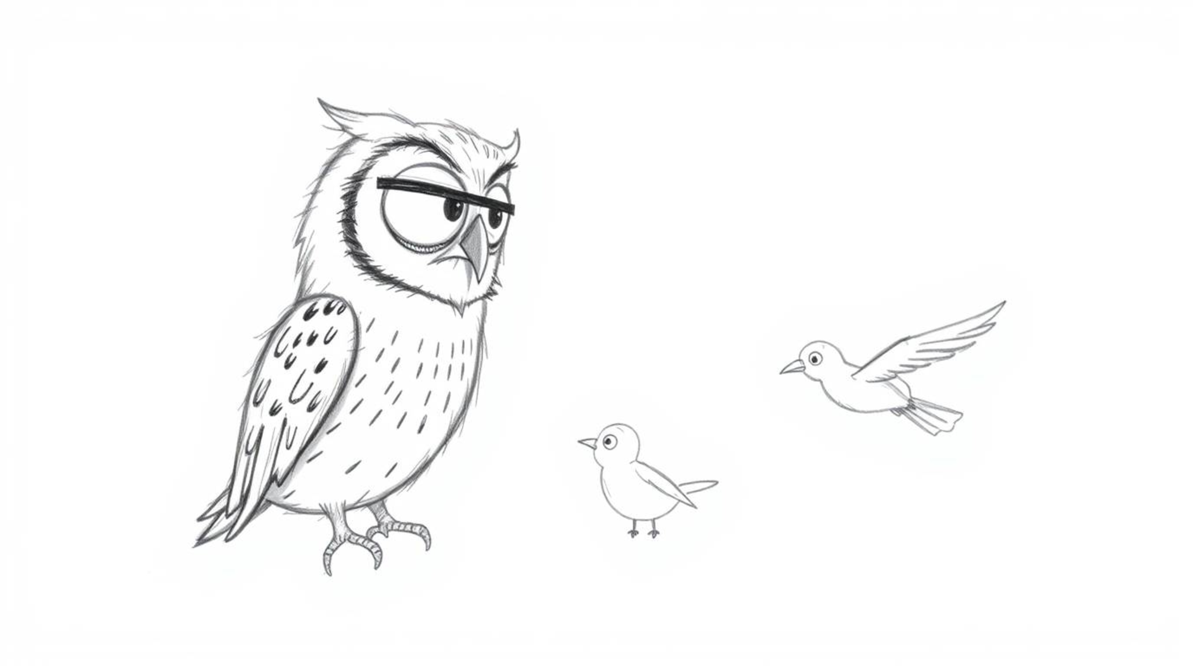 A captivating hand-drawn pencil sketch in a Pixar-inspired style portrays a blind owl with its head cocked, intently listenin