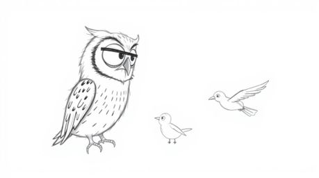 A captivating hand-drawn pencil sketch in a Pixar-inspired style portrays a blind owl with its head cocked, intently listenin
