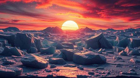 A breathtaking cinematic depiction of a vibrant sunset over icy glaciers in a polar region.  This sculptural clay artwork fea