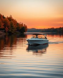 A graceful and elegant boat drifts on a lake at sunset, bathed in warm autumn colors. The scene is earthy and cozy, emphasizi