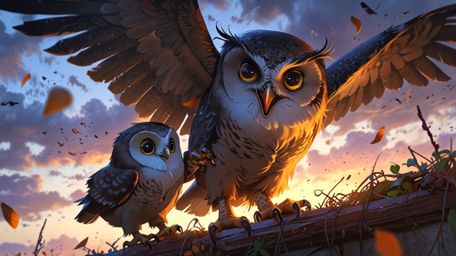 In a beautifully touching scene, created in a heartwarming blend of Pixar and anime styles, a wise blind owl gently comforts 