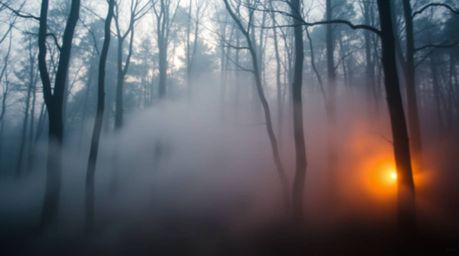 Explore a dreamlike surreal image capturing the ethereal beauty of mist rising from a forest during the golden hour. This pho