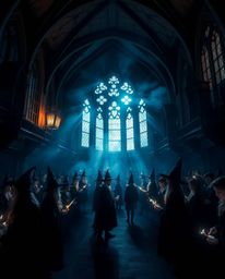 Explore a captivating magical school brimming with young wizards, bathed in intense dramatic lighting that evokes an ethereal