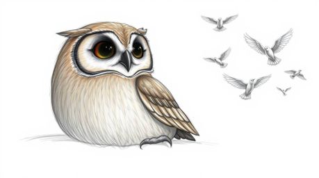This image depicts a heartwarming scene of a blind owl, rendered in a charming, textured pencil sketch reminiscent of Pixar a