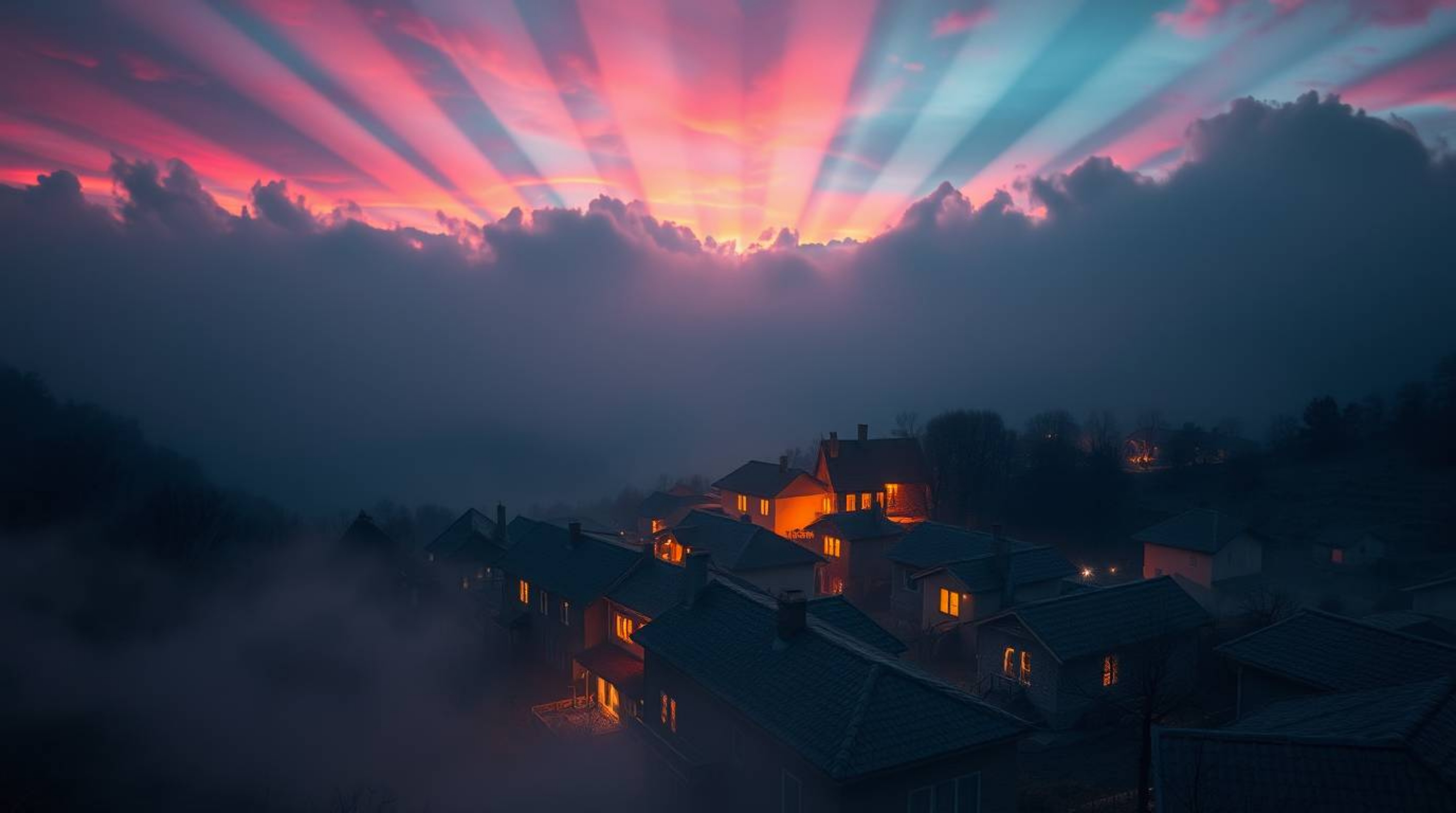 Explore a captivating village nestled in a valley, rendered with mesmerizing volumetric lighting and surreal infrared tones. 