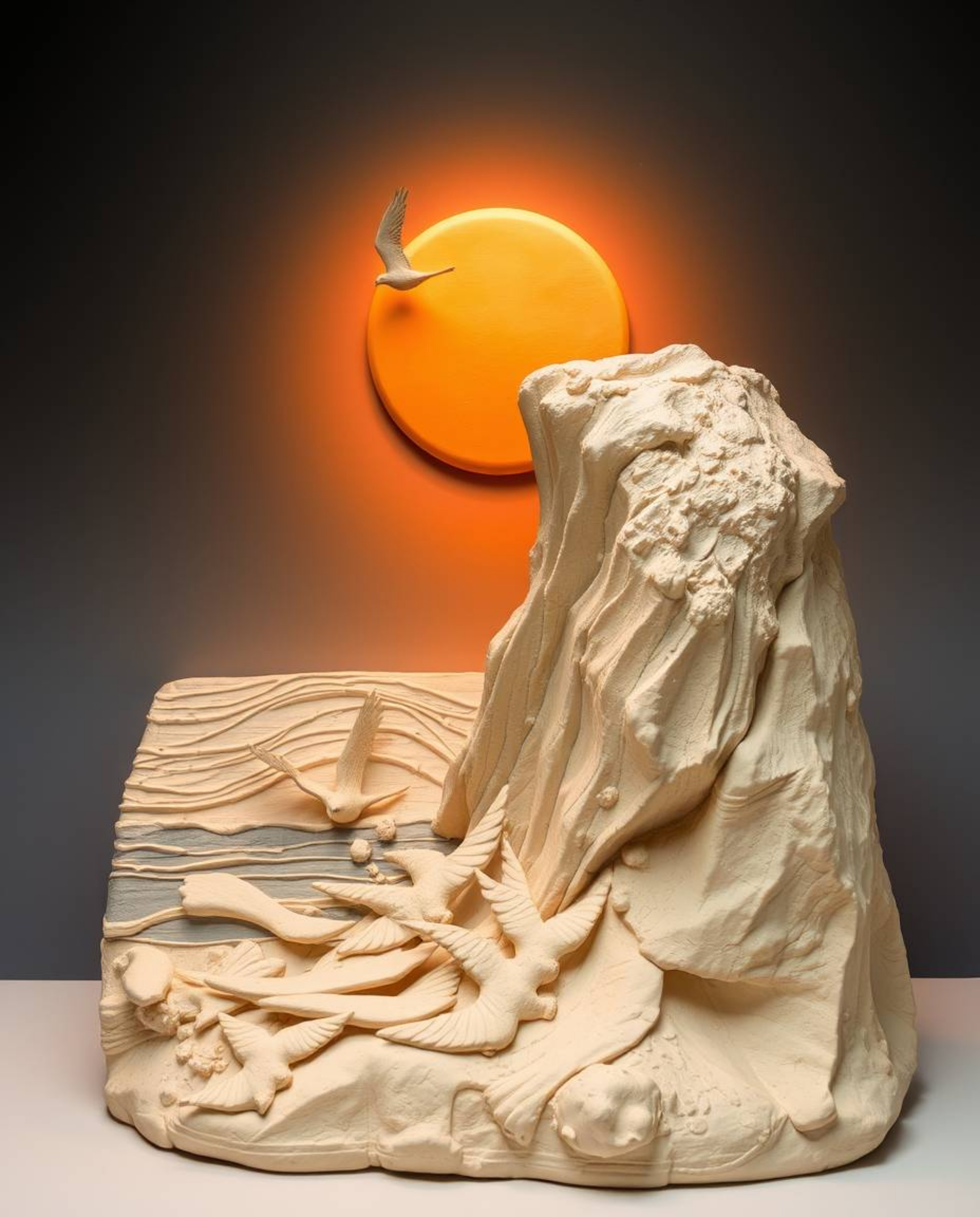 This is a sculptural clay artwork that captures a sunset over a coastal cliff with soaring birds. The piece has an ethereal a
