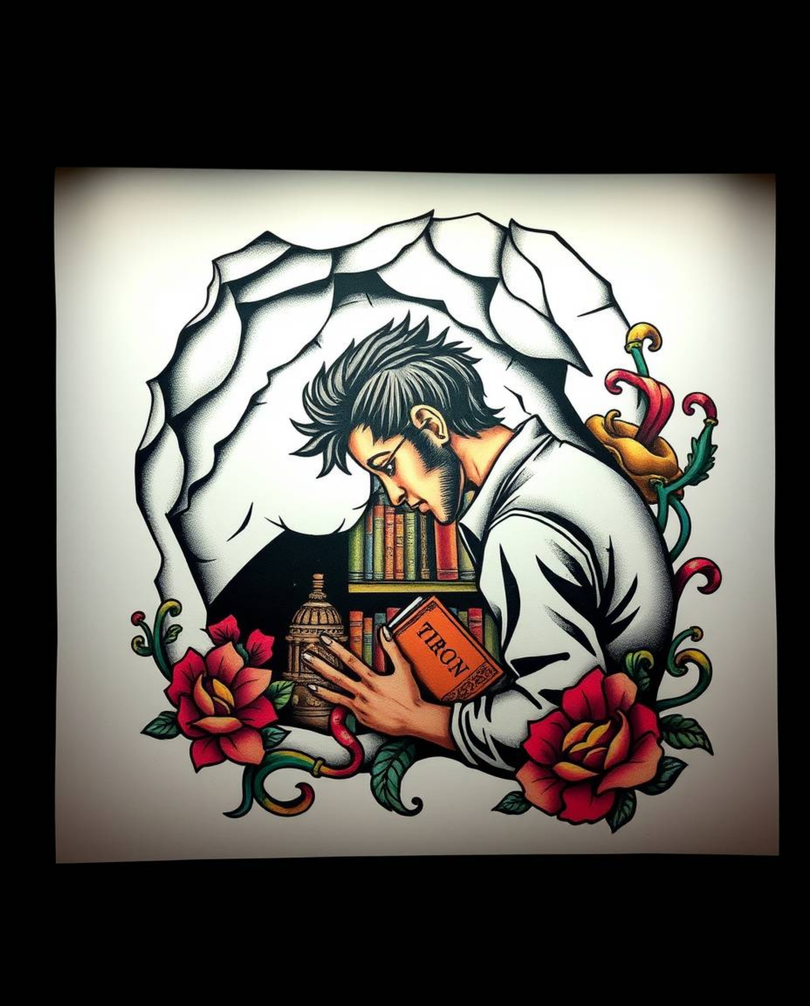 This traditional tattoo art print captures a captivating scene of a person discovering a hidden underground library. The artw