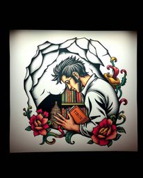 This traditional tattoo art print captures a captivating scene of a person discovering a hidden underground library. The artw