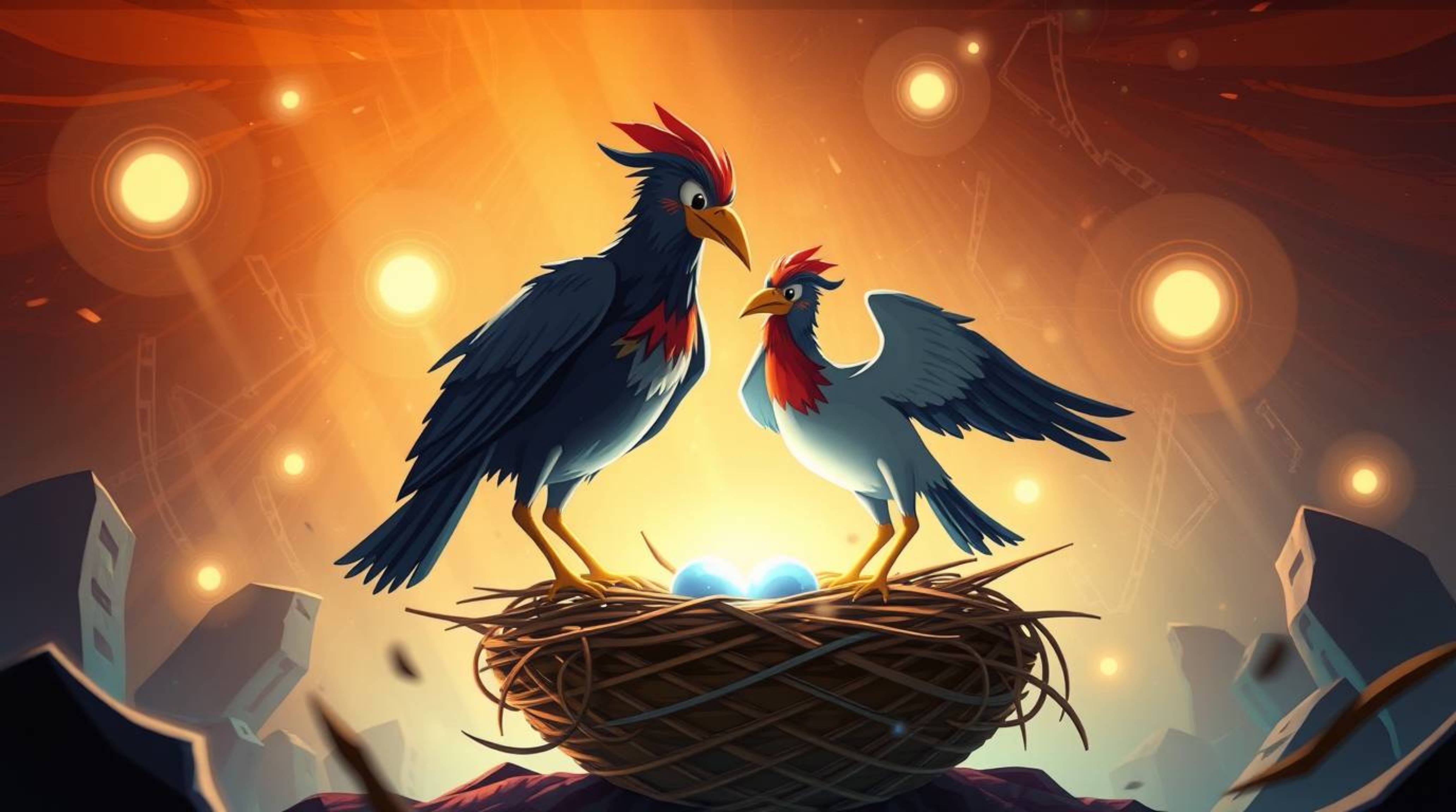 A grand epic scene unfolds depicting two cartoon birds heroically constructing their nest.  Rendered in a classic animation s