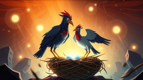 A grand epic scene unfolds depicting two cartoon birds heroically constructing their nest. Rendered in a classic animation s