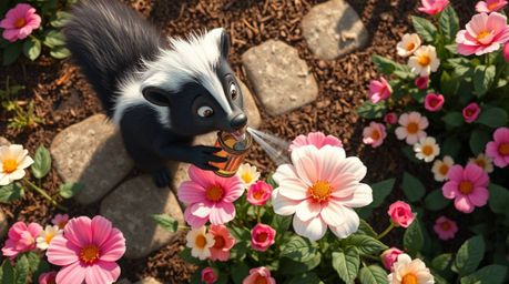 This image showcases a delightful high-angle perspective of a cartoon skunk playfully spraying perfume onto flowers. The elev