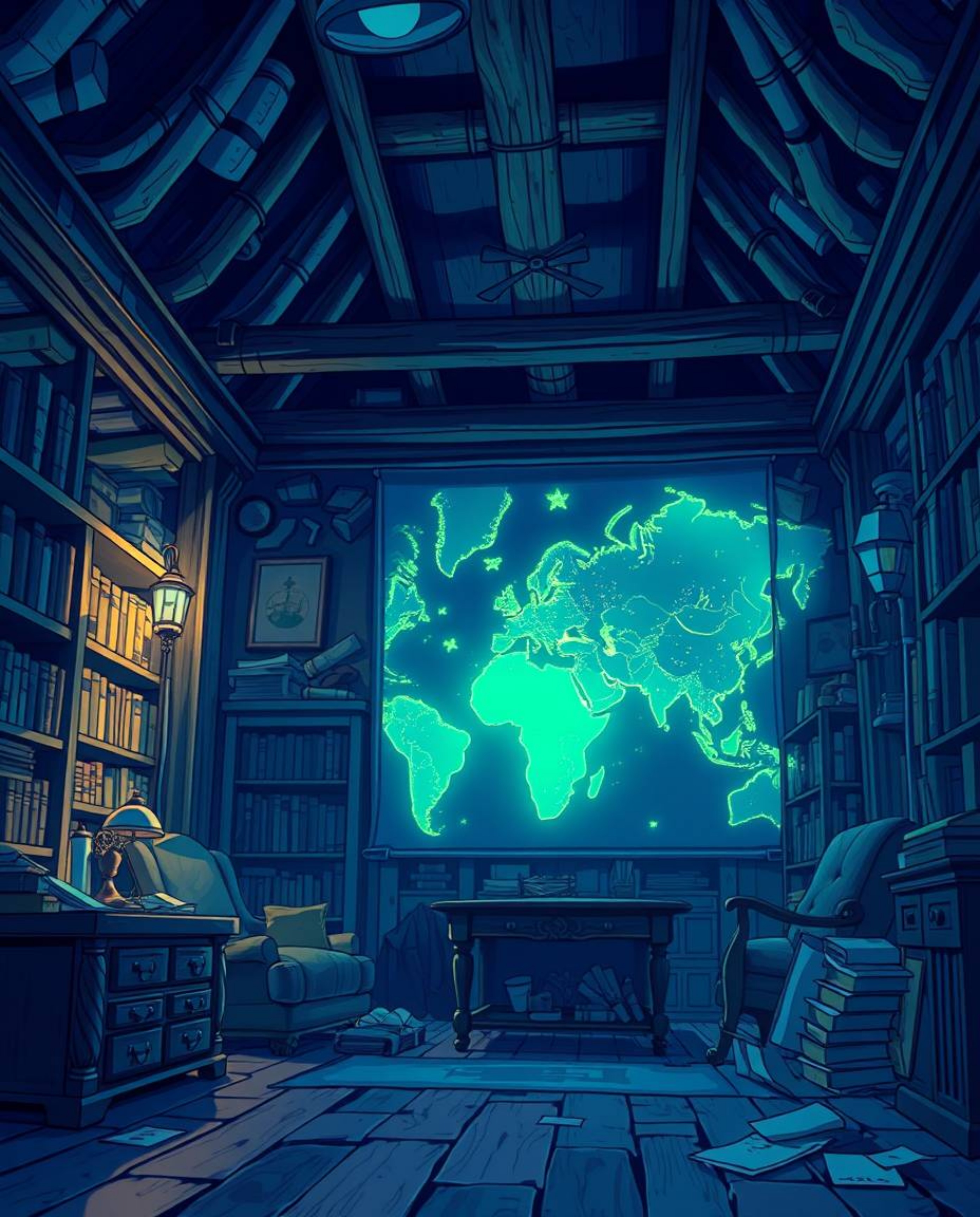 Immerse yourself in an isekai-inspired scene featuring a captivating, glowing map projection illuminating an old study.  A co