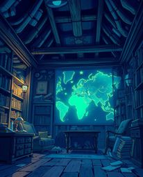 Immerse yourself in an isekai-inspired scene featuring a captivating, glowing map projection illuminating an old study.  A co