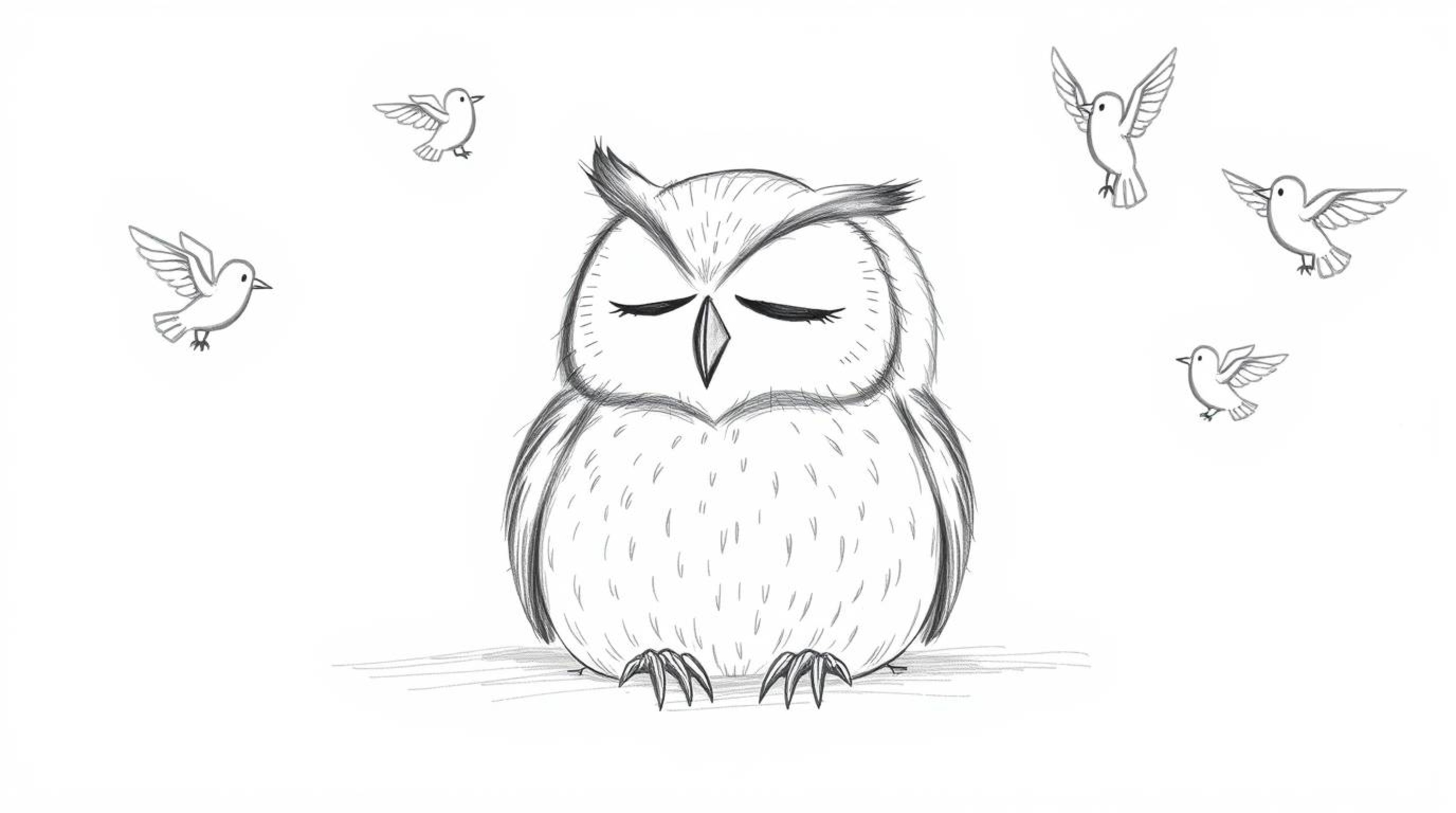 A heartwarming hand-drawn sketch in the style of Pixar depicts a blind owl resting peacefully amidst a flurry of cheerful bir