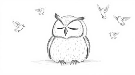 A heartwarming hand-drawn sketch in the style of Pixar depicts a blind owl resting peacefully amidst a flurry of cheerful bir
