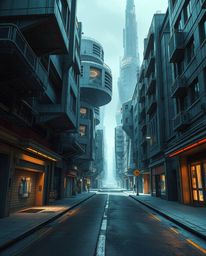 Immerse yourself in a surreal street scene where futuristic sci-fi architecture reigns supreme. Buildings fold and twist in i