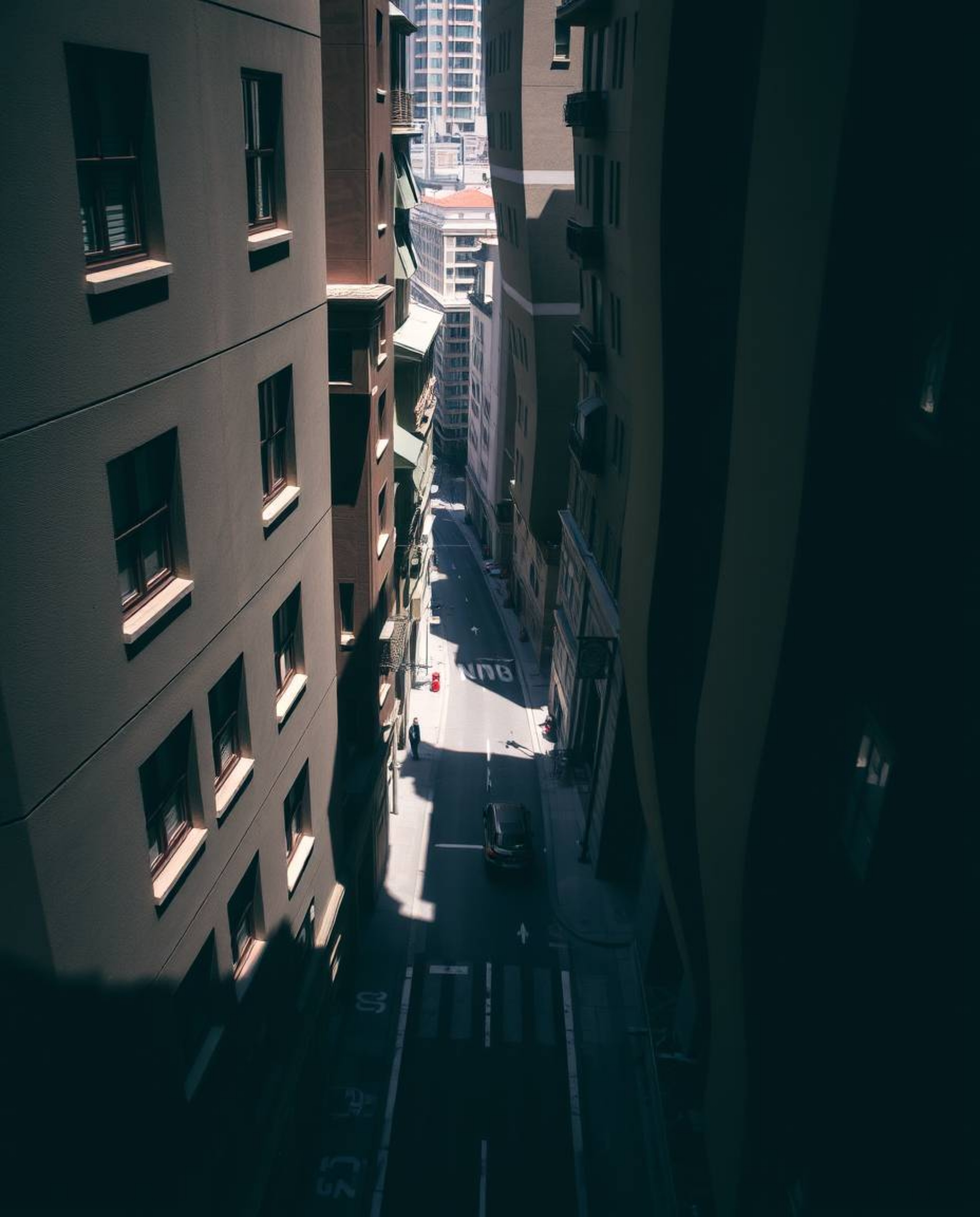 Explore a captivating surreal street scene captured from an elevated high angle, featuring buildings that fold and twist in i