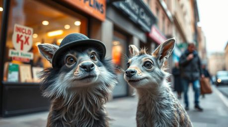 Experience the vibrancy of candid street photography featuring a duo of mischievous talking animals in an urban setting.  Thi