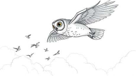 A captivating image of a blind owl, brought to life in a charming hand-drawn sketch style reminiscent of Pixar, gracefully so