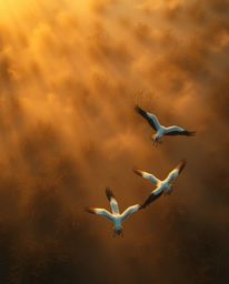 An overhead bird’s eye view of a golden hour wetlands scene, featuring herons in flight. This image is characterized by drama
