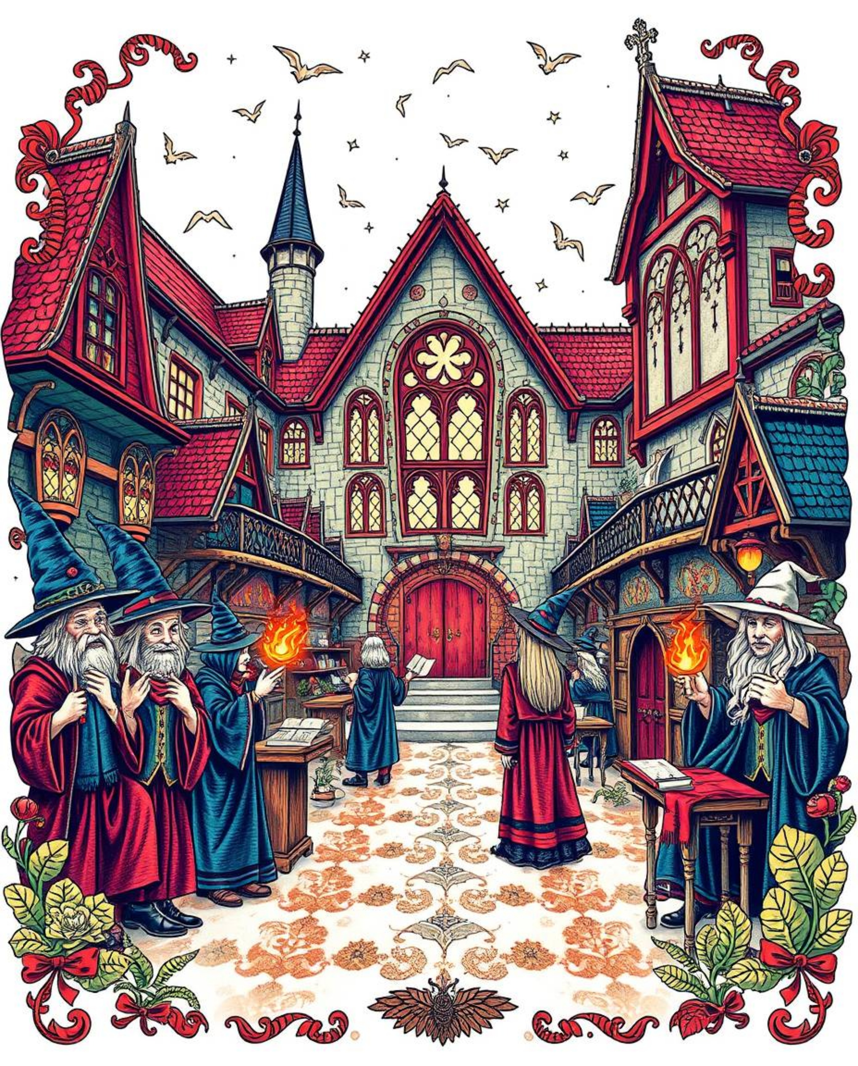 Discover a vibrant, traditional tattoo-style print depicting a magical school brimming with young wizards.  This captivating 