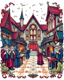 Discover a vibrant, traditional tattoo-style print depicting a magical school brimming with young wizards.  This captivating 