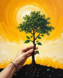 A captivating bold acrylic painting depicts graceful hands planting a tree beneath a radiant golden sky.  The artwork feature