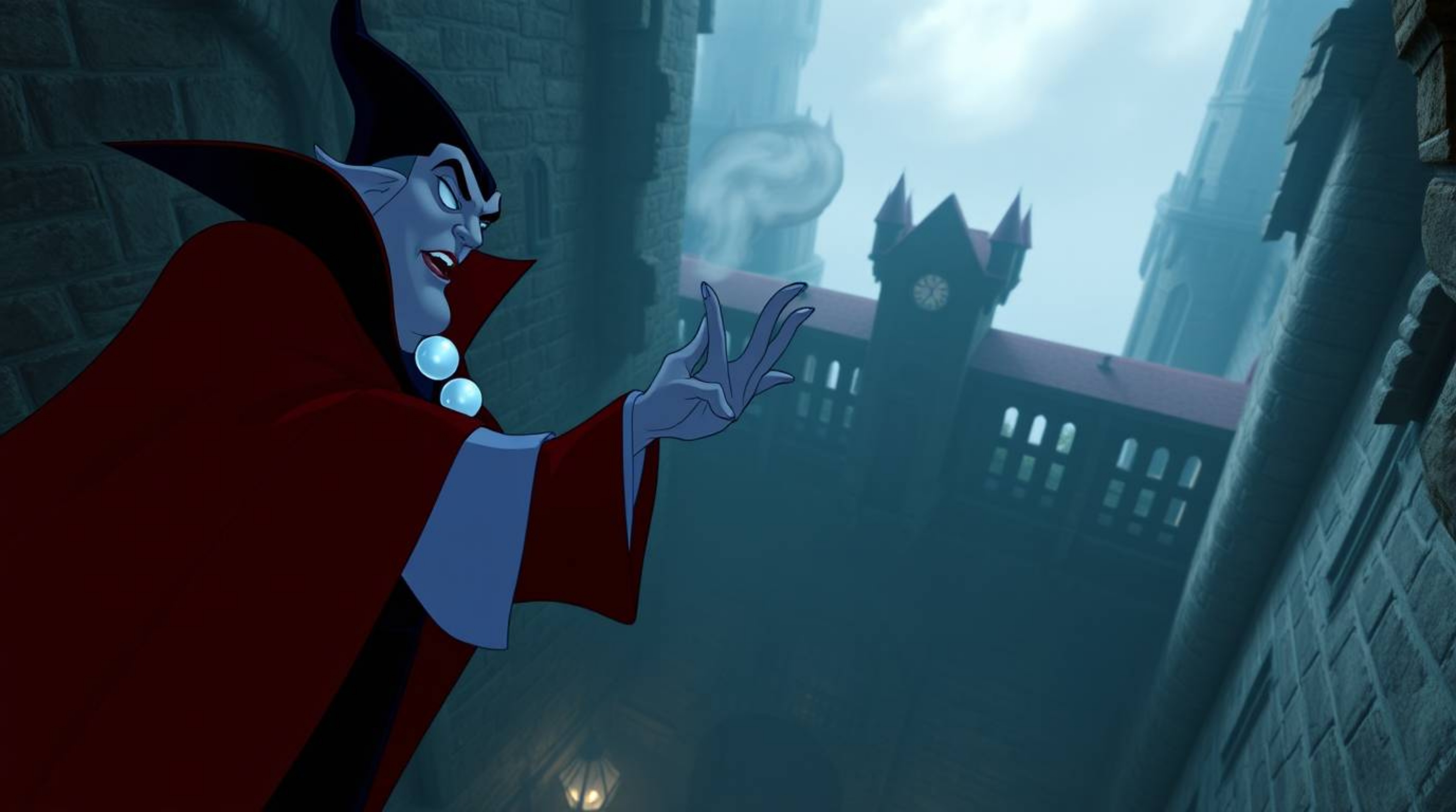 A captivating high-angle shot depicts a classic Disney villain casting a spell within the ancient walls of a majestic castle.