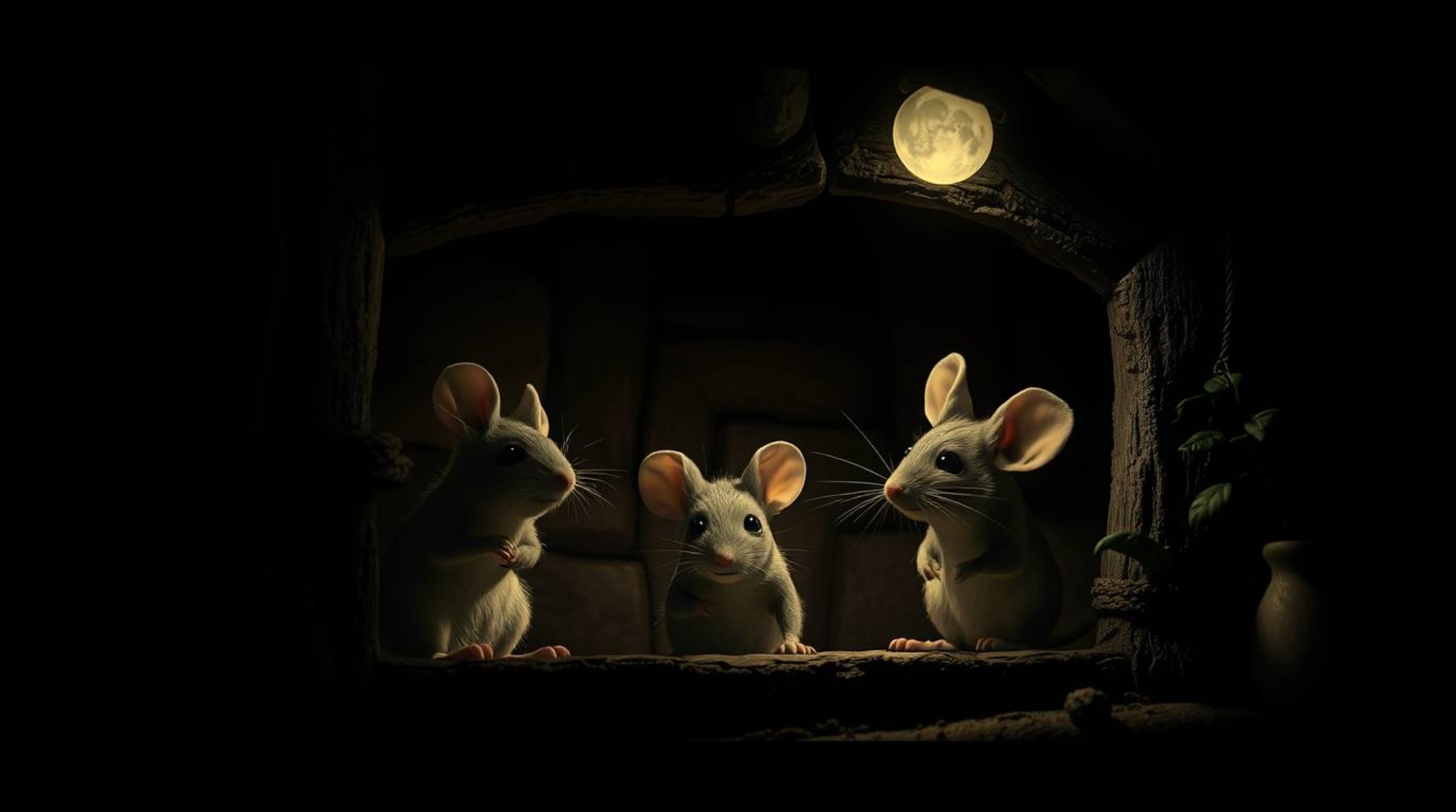 Experience a captivating cinematic scene featuring anthropomorphic mice enjoying a tea party in a cozy cottage.  The image bo