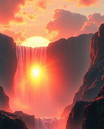 An epic, modern, and futuristic scene of a sunset behind a dramatic waterfall. The composition is characterized by its massiv