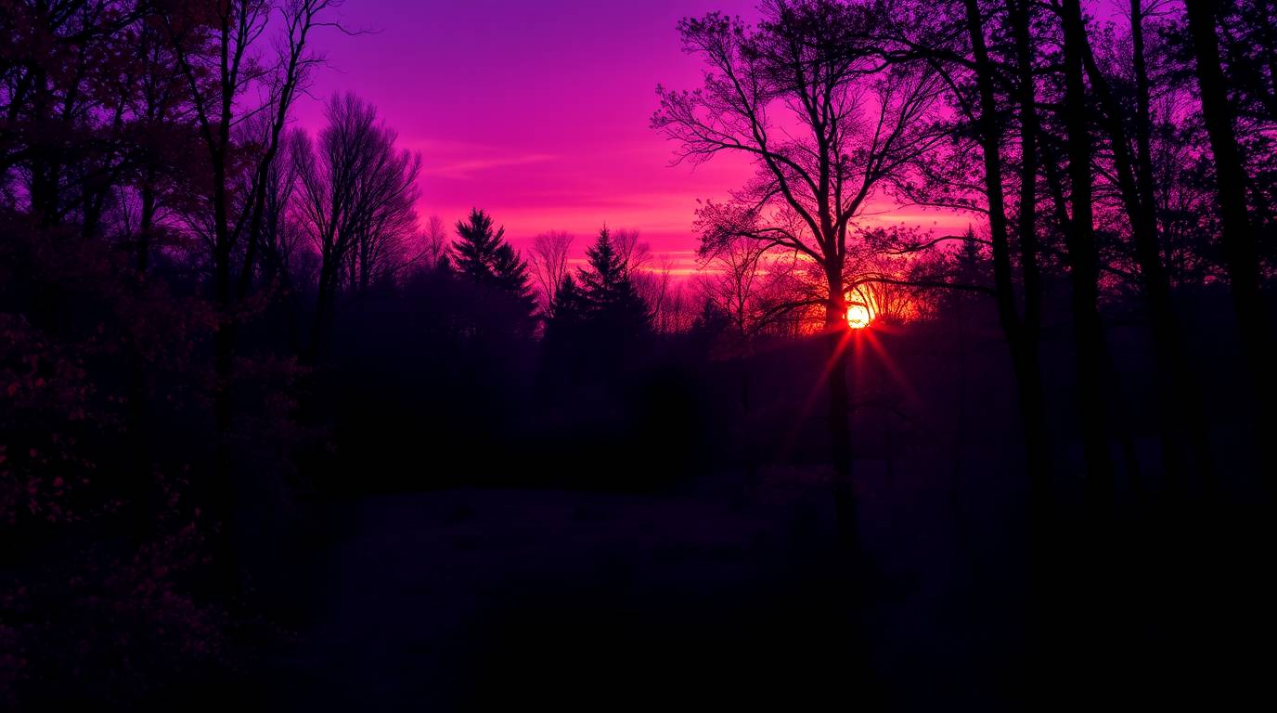 Experience an autumn forest bathed in the glow of a vibrant sunset, rendered in striking ultraviolet hues.  The scene is dram