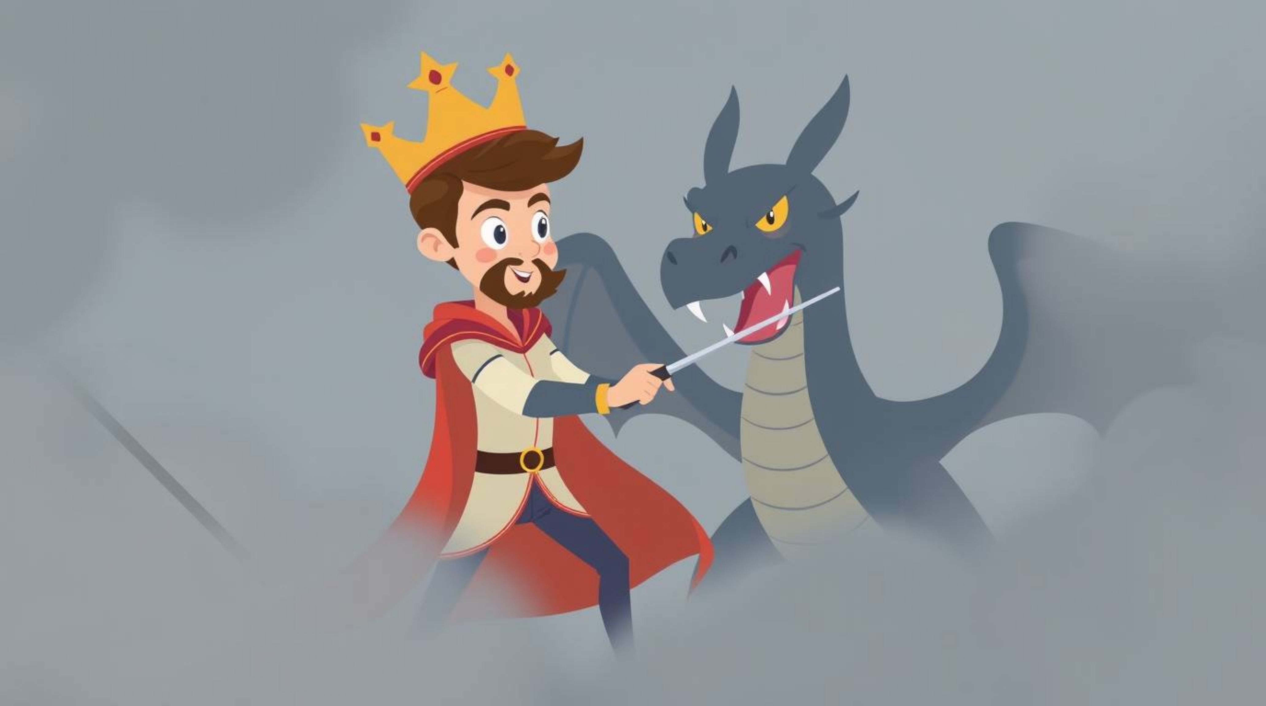 A modern flat design illustration depicts a charming prince with elegant features engaged in a fierce battle with a dragon am