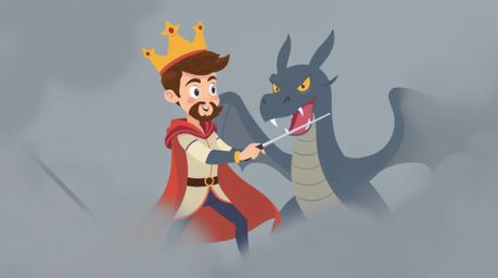 A modern flat design illustration depicts a charming prince with elegant features engaged in a fierce battle with a dragon am