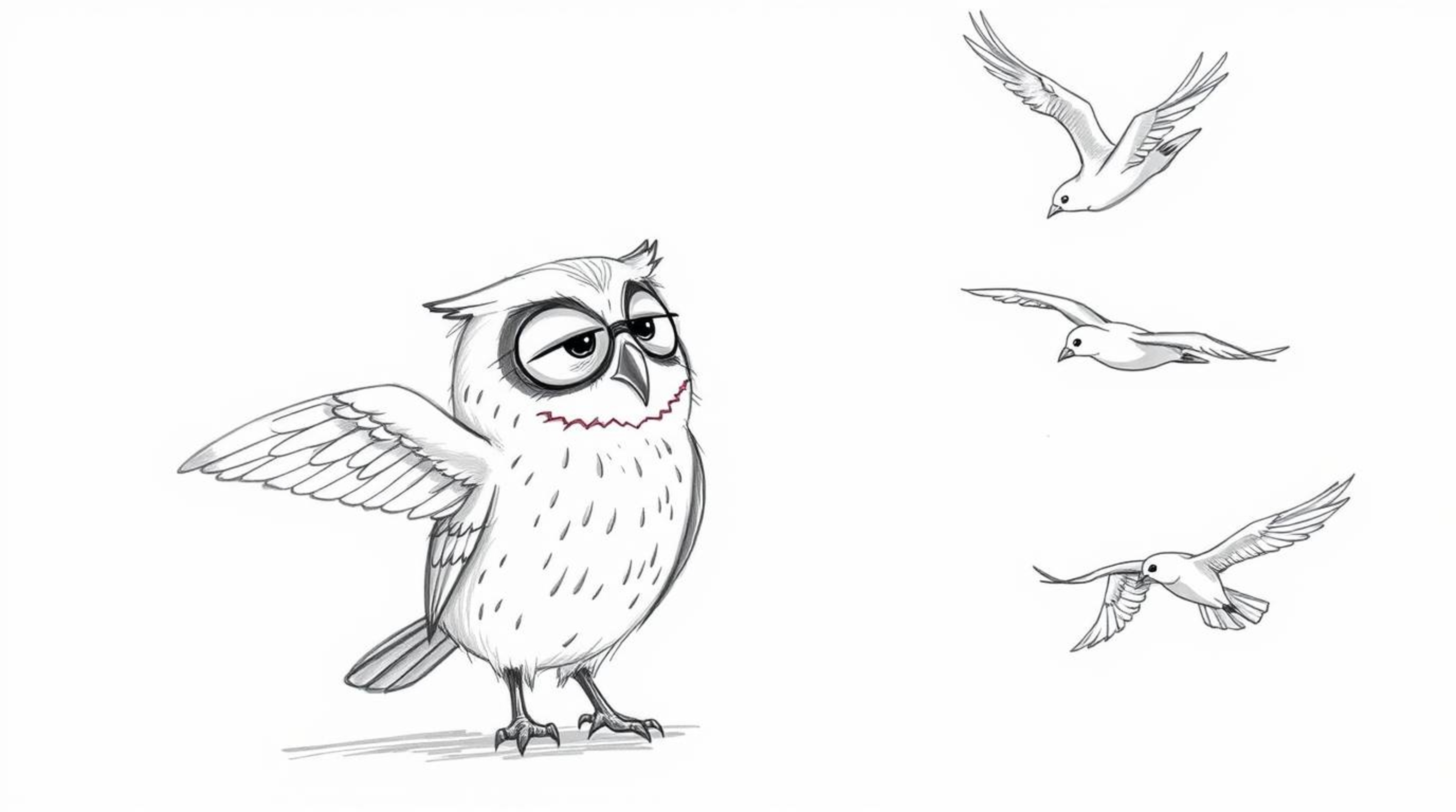 A heartwarming hand-drawn sketch in Pixar style depicts a blind owl with a gentle expression teaching birds how to fly. The s