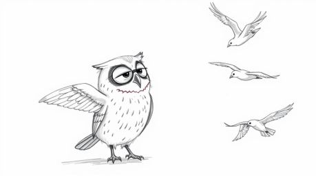 A heartwarming hand-drawn sketch in Pixar style depicts a blind owl with a gentle expression teaching birds how to fly. The s