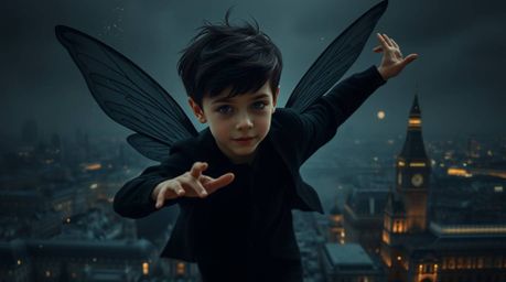 A young boy with refined features and dark hair gracefully soars above a dramatically shadowed London, propelled by pixie dus