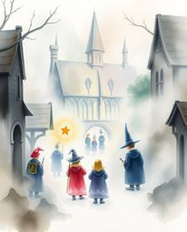 A delicate watercolor painting depicts a magical school brimming with young wizards, shrouded in a thick, mysterious fog.  Th