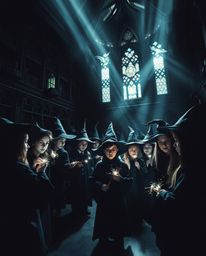 Explore a magical school brimming with young wizards, rendered in an abstract creative light art style. This piece utilizes i