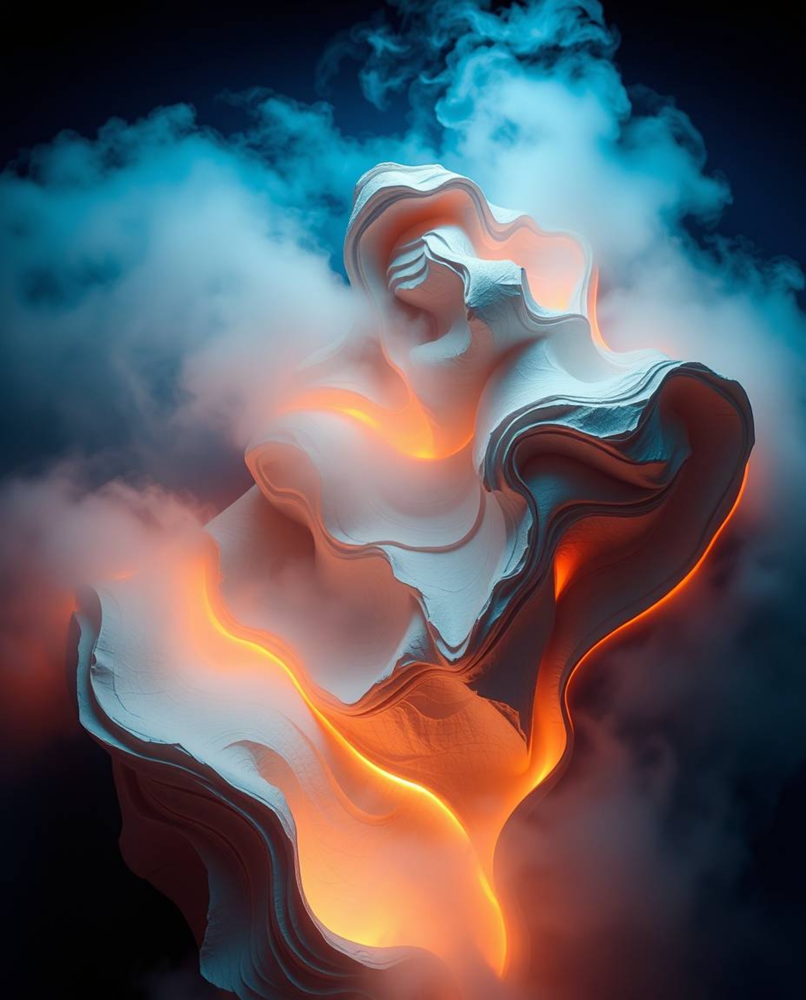 Sculpted, textured layers of papier-mâché form futuristic 3D fluid shapes with mesmerizing glowing edges set against a deep b