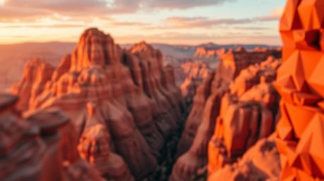 Experience a breathtaking origami landscape depicting a rocky canyon bathed in warm sunset hues.  This intricate artwork feat