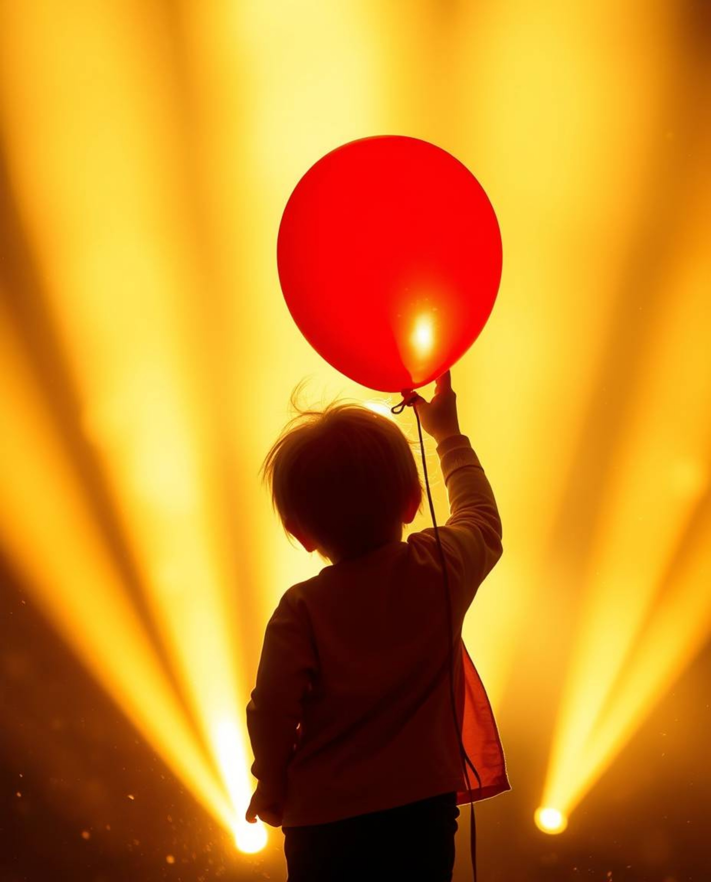 A child holding a red balloon is bathed in warm, volumetric lighting, creating a radiant and luxurious scene. Light beams pie